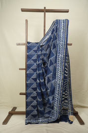 Indigo HBP Cotton Silk Saree With Chanderi Border - SRICSS1775