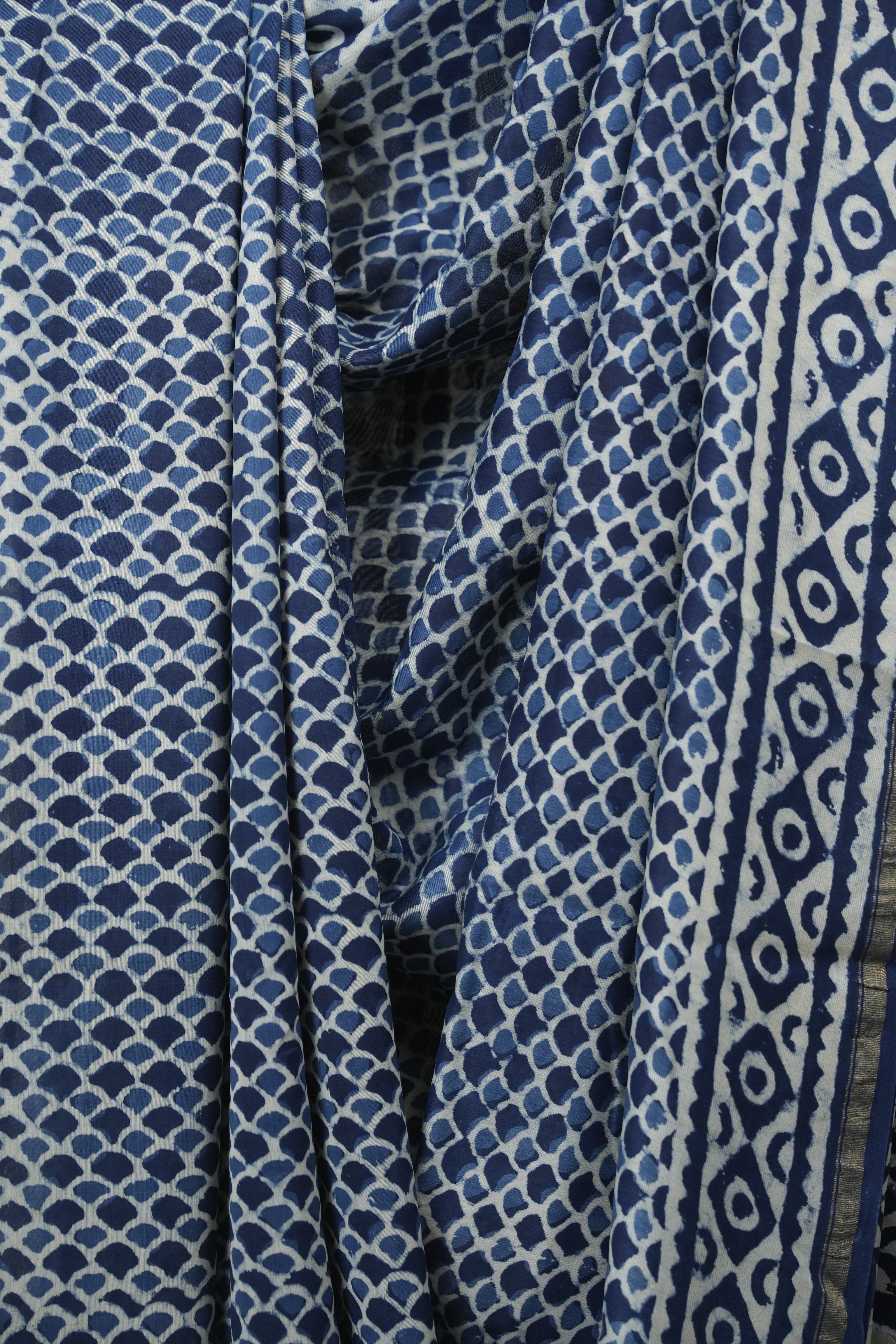 Indigo HBP Cotton Silk Saree With Chanderi Border - SRICSS1773