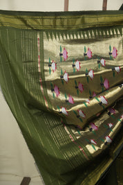 Olive Green Cotton Paithani Saree - SROGCPS830