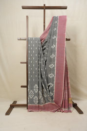Grey White Pochampalli Cotton Ikat Saree - SRGWPCIS551