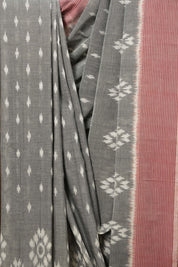Grey White Pochampalli Cotton Ikat Saree - SRGWPCIS551