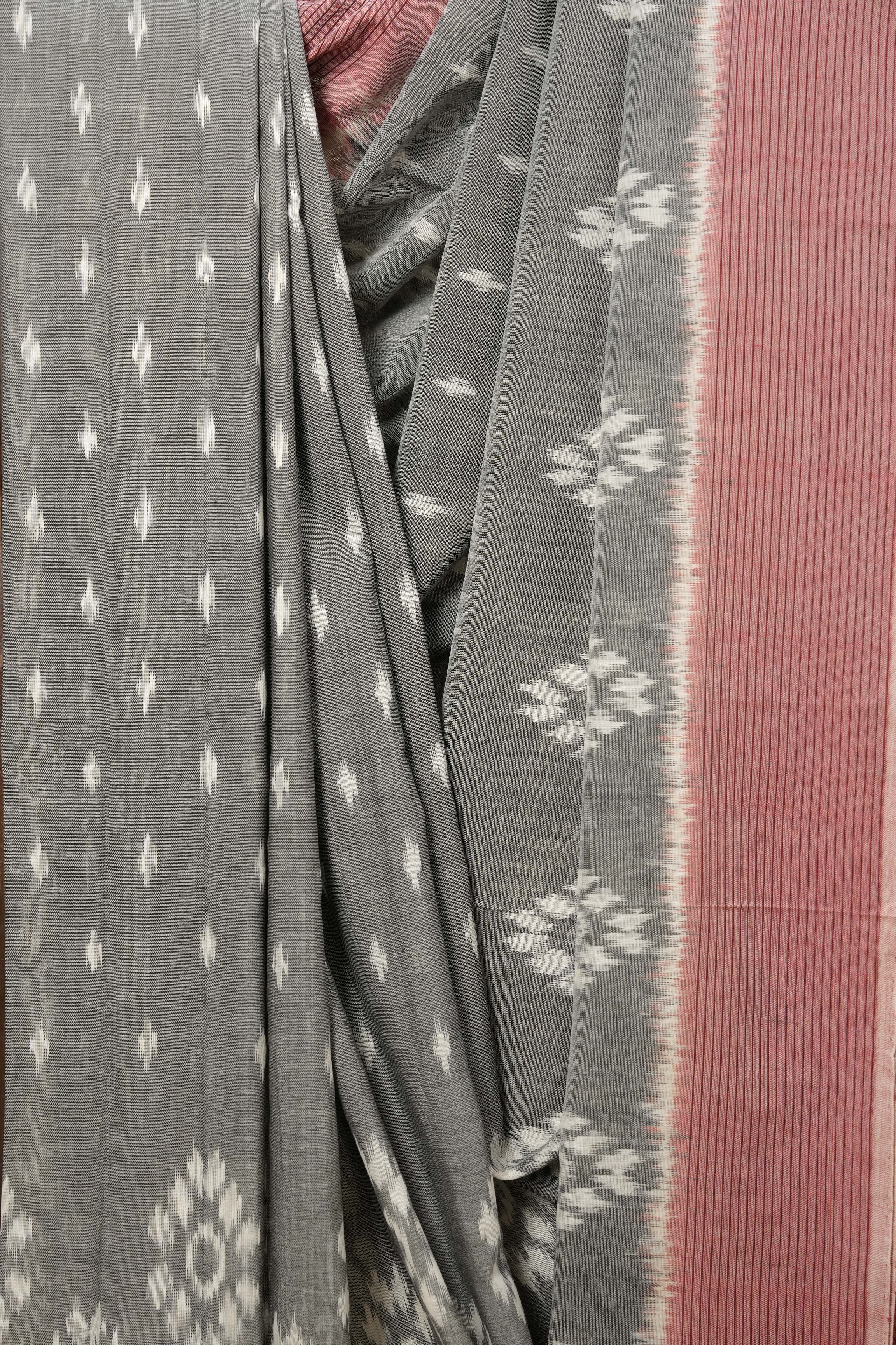 Grey White Pochampalli Cotton Ikat Saree - SRGWPCIS551