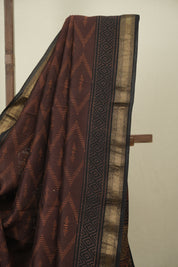 Dark Brown HBP Cotton Silk Saree With Maheshwari Border - SRDBCSS1798