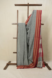 Grey Plain Cotton Patteda Anchu Saree - SRGPAS279
