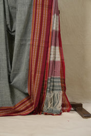 Grey Plain Cotton Patteda Anchu Saree - SRGPAS279