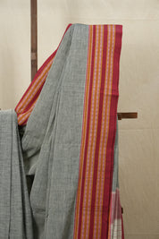 Grey Plain Cotton Patteda Anchu Saree - SRGPAS279