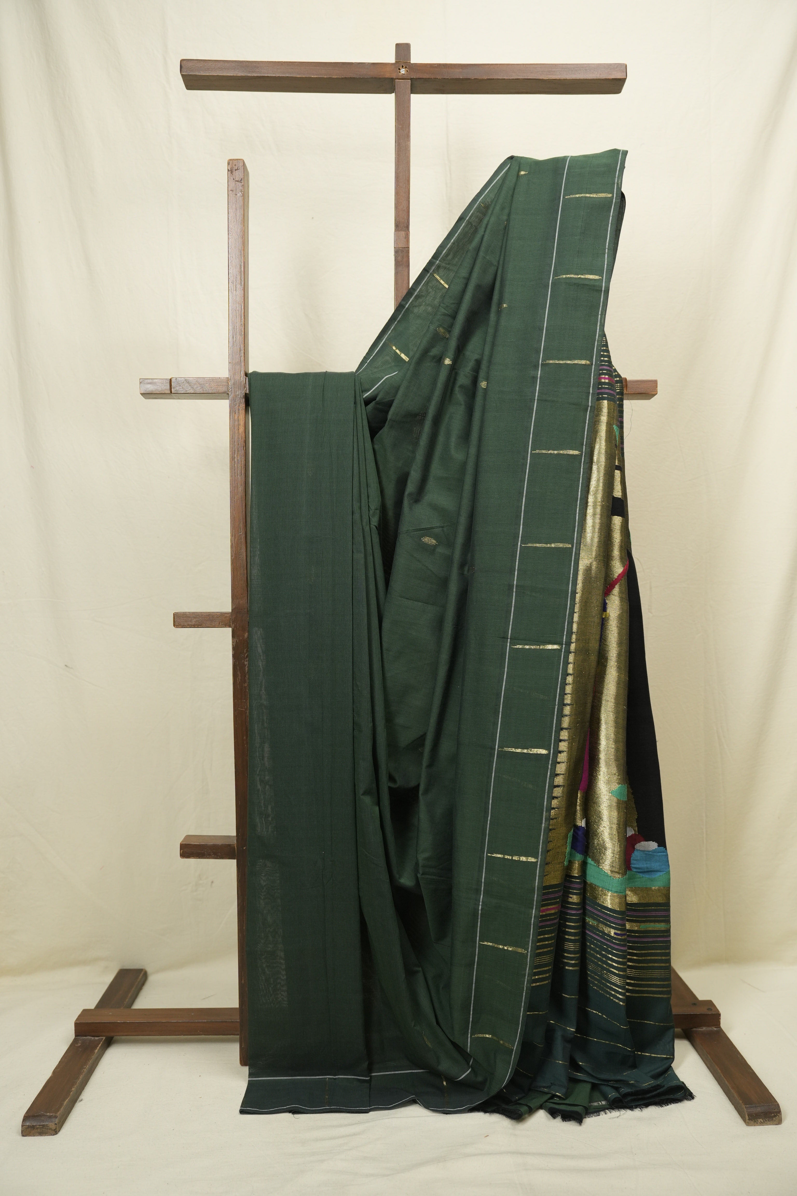 Bottle Green Cotton Paithani Saree - SRBGCPS772