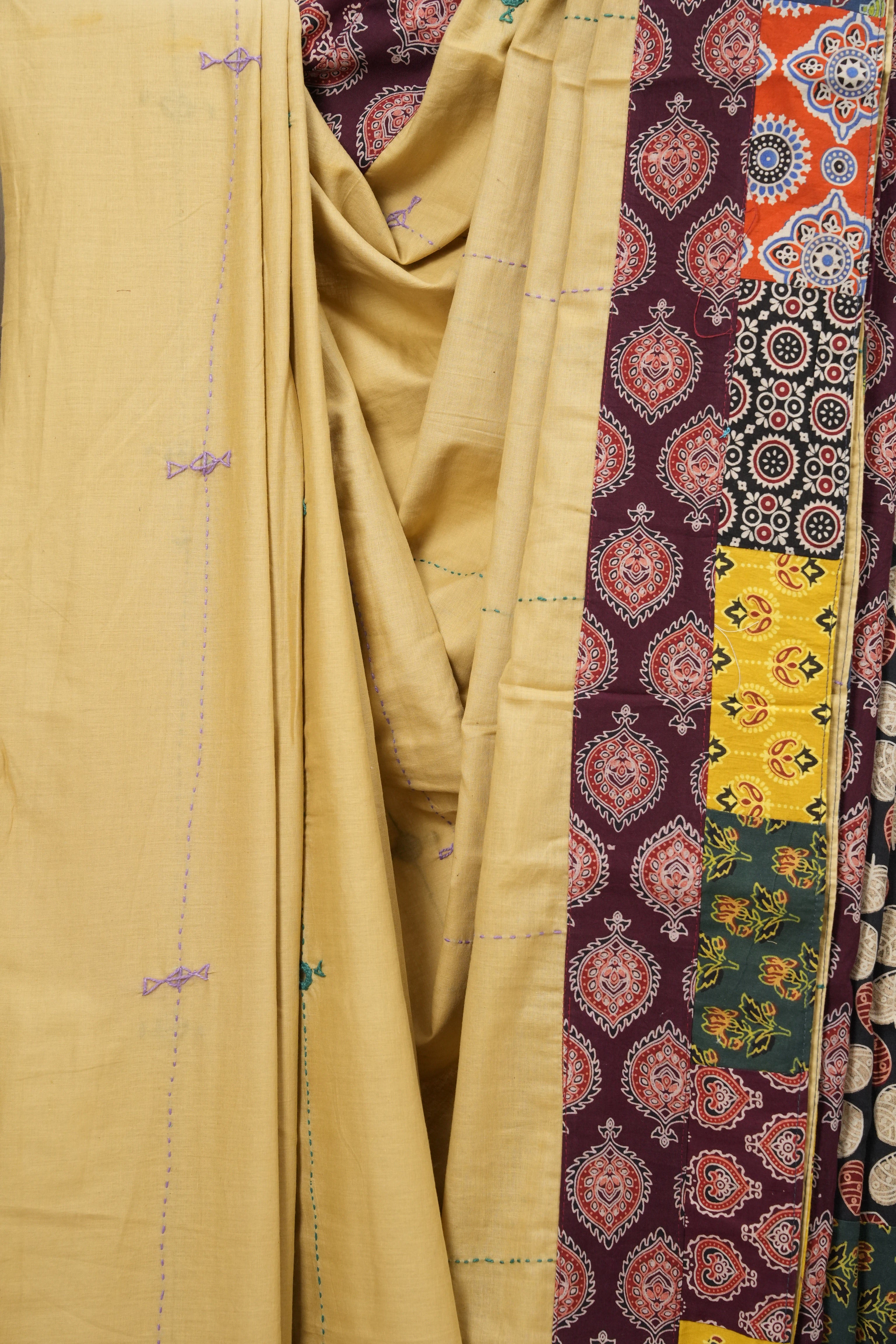 Beige Cotton Patchwork Saree - SRBCPWS168