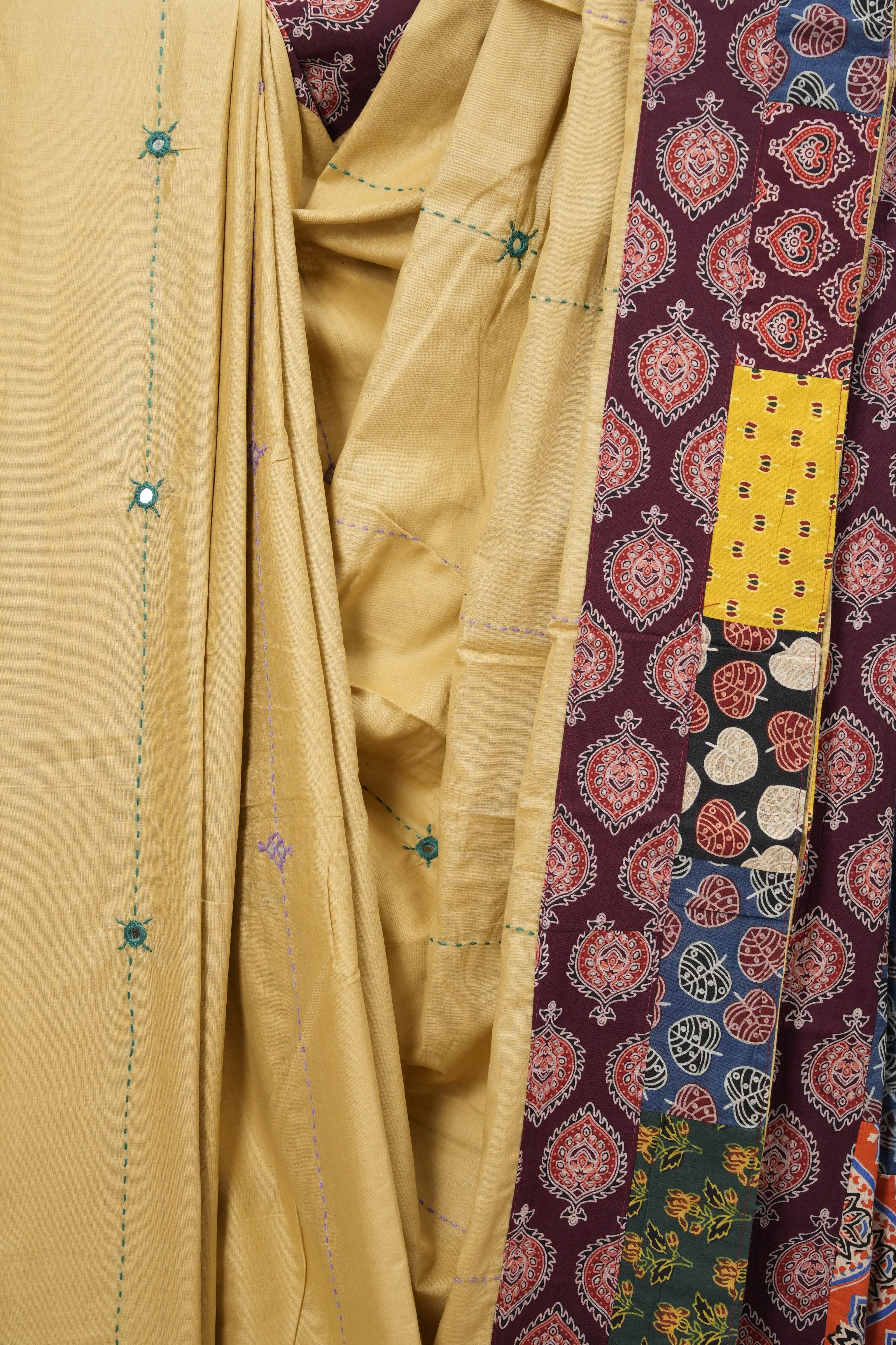 Beige Cotton Patchwork Saree-SRBCPWS191