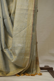 Two Tone Gold Blue Tissue Linen Jamdani Saree - SRTTGBTLJS148