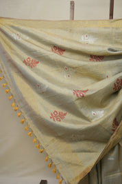 Two Tone Gold Blue Tissue Linen Jamdani Saree - SRTTGBTLJS148