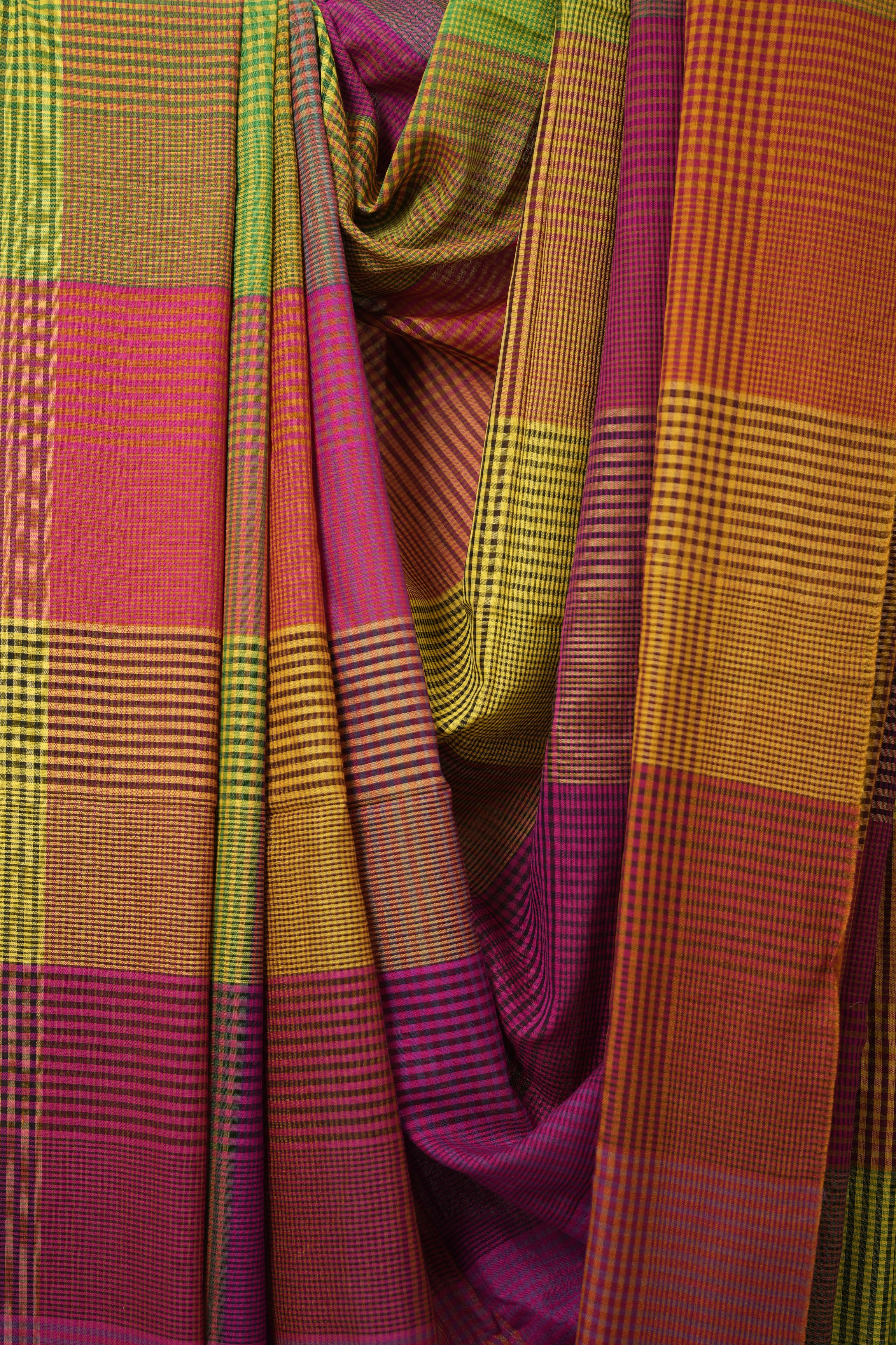 Green Pink Checks Bengal Cotton Saree - SRGPCBCS115