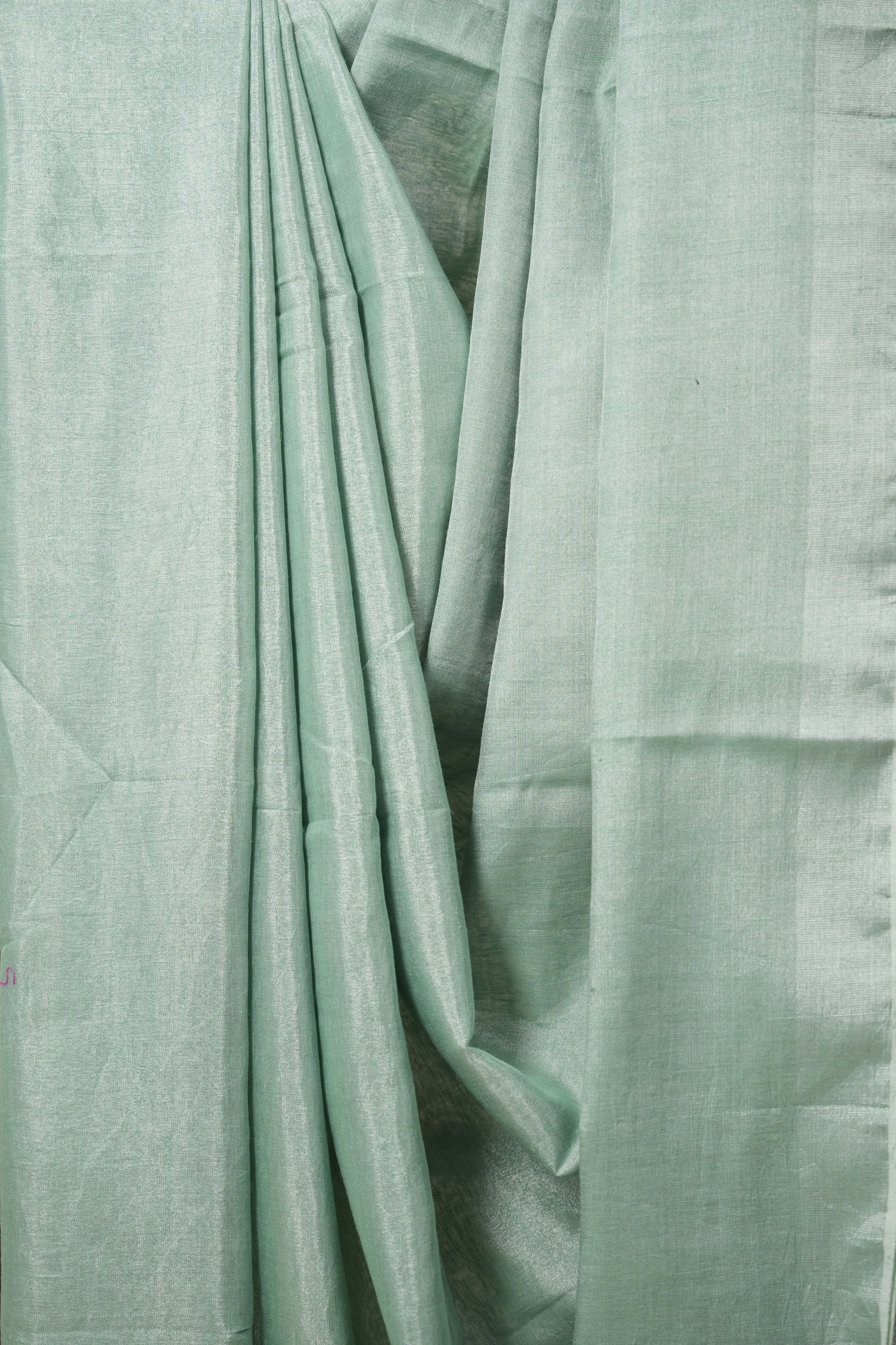 Light Rama Green Tissue Linen Saree With Tassels-SRLRGTLS262