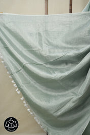 Light Rama Green Tissue Linen Saree With Tassels-SRLRGTLS262