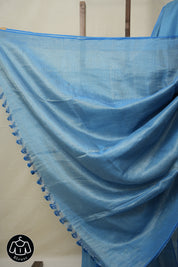 Blue Tissue Linen Saree With Tassels-SRBTLS260