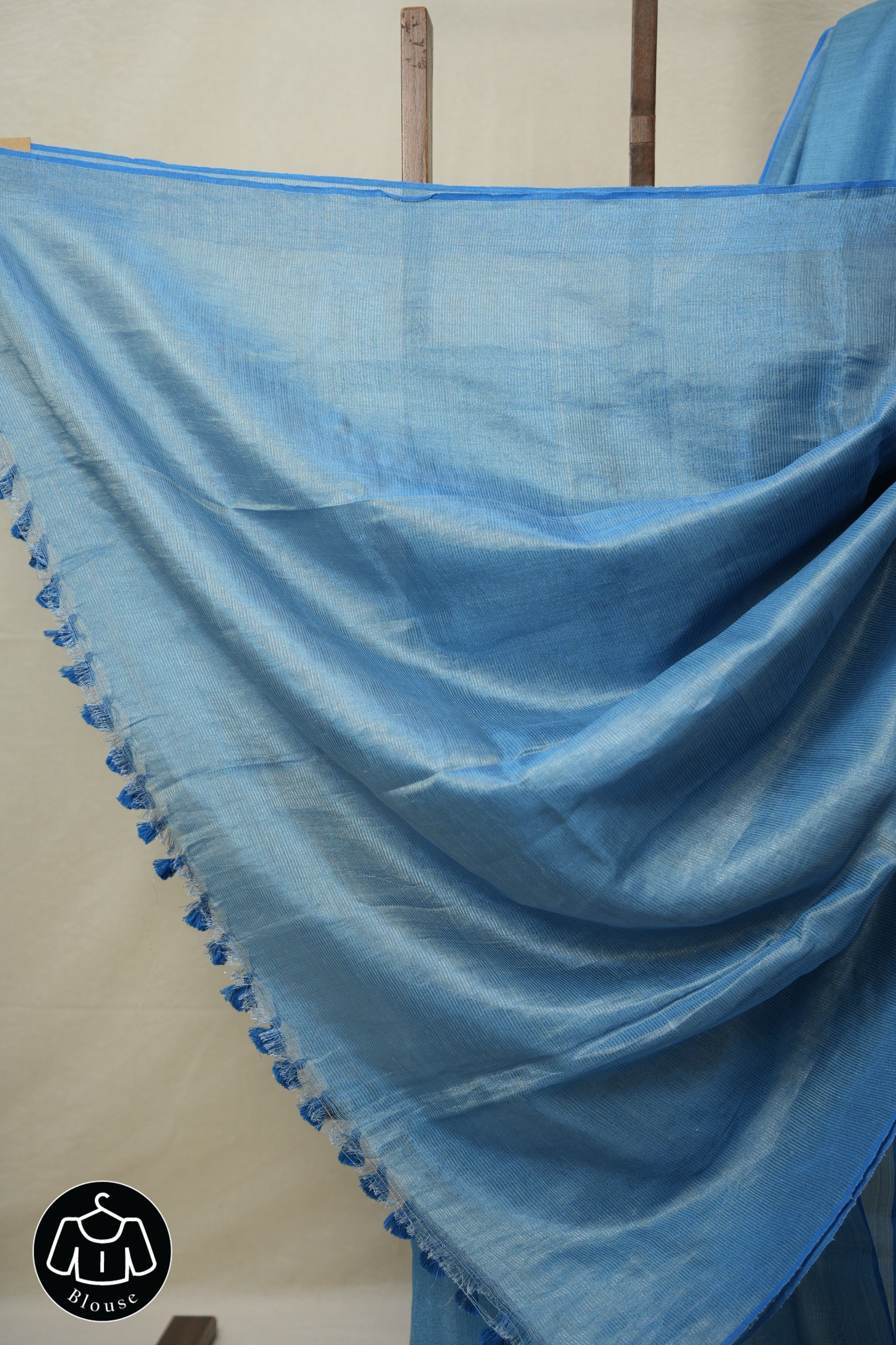 Blue Tissue Linen Saree With Tassels-SRBTLS260