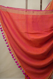 Orange Plain Linen Saree With Pink Tassels - SROPLS527