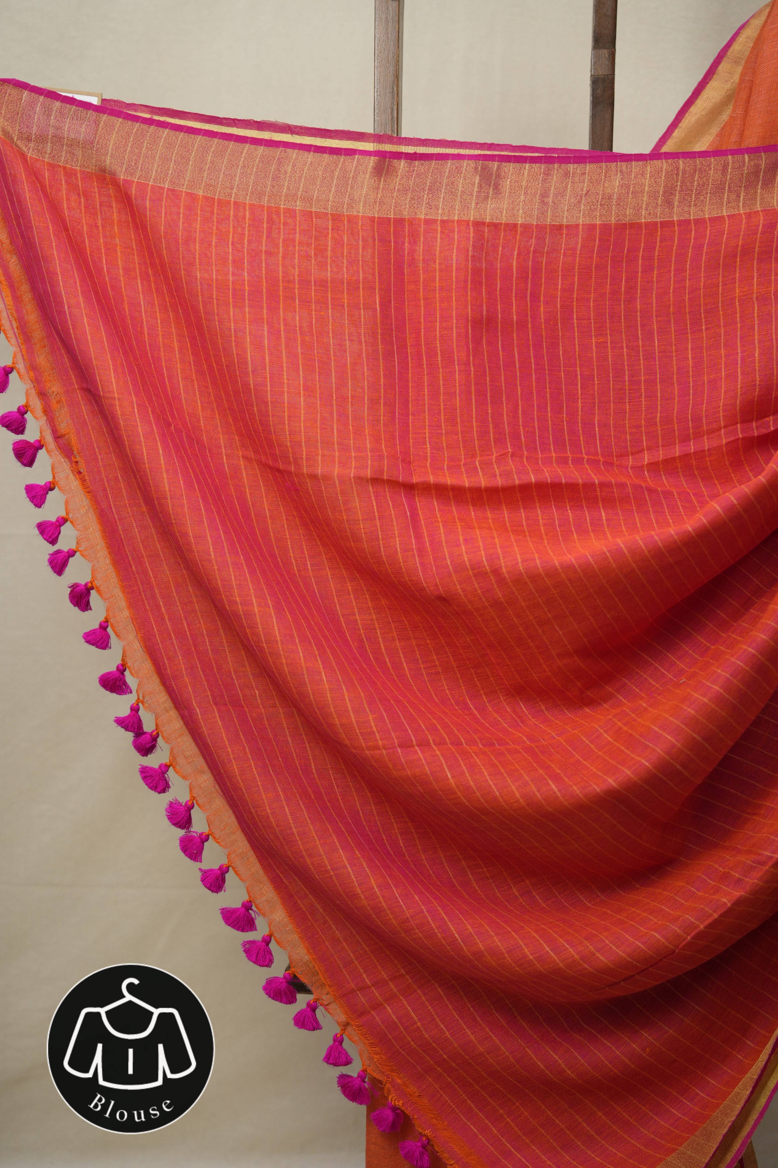 Orange Plain Linen Saree With Pink Tassels - SROPLS527
