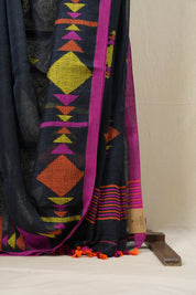 Charcoal Grey Linen Jamdani Saree - SRCGLJS422