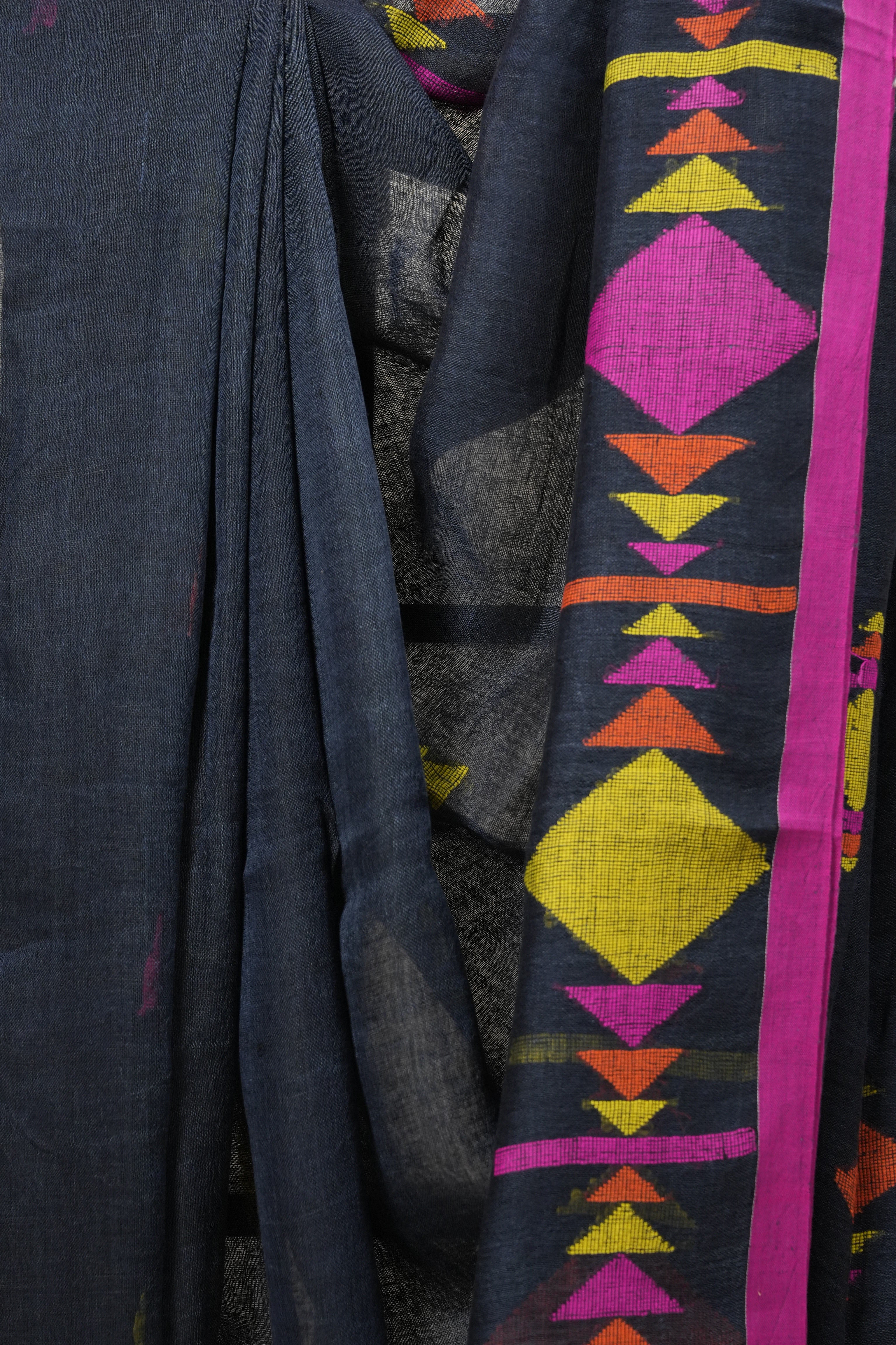 Charcoal Grey Linen Jamdani Saree - SRCGLJS422