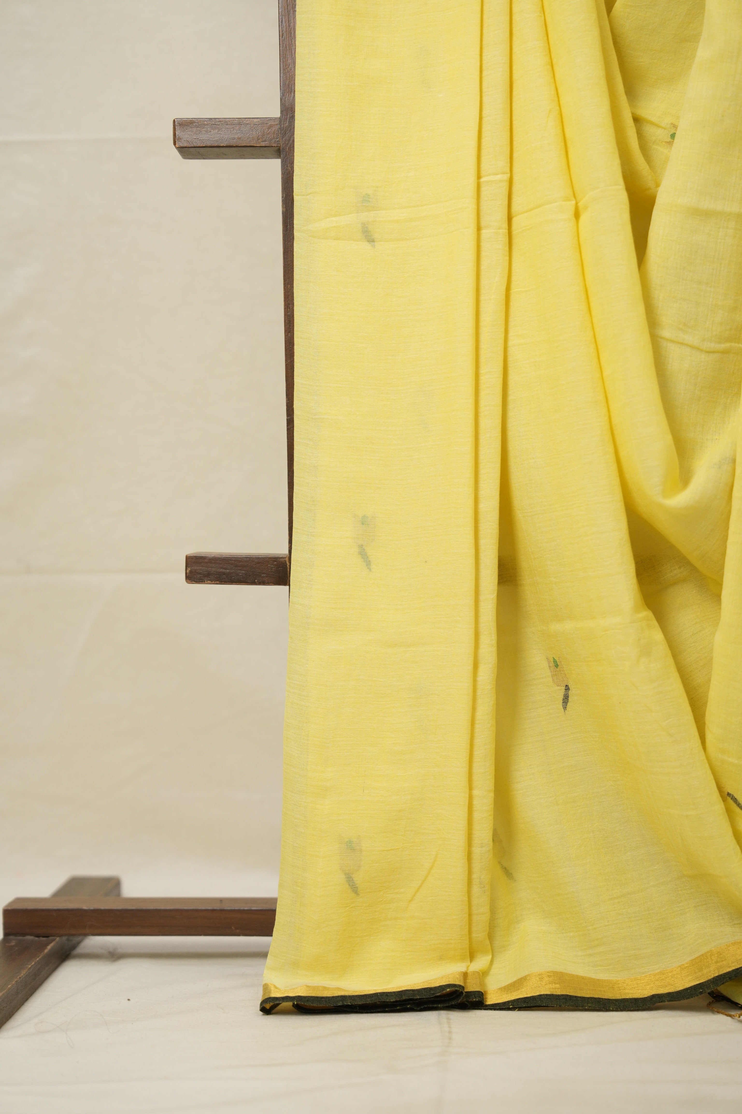 Lime Yellow Mul Cotton Jamdani Saree-SRLYMCJS169