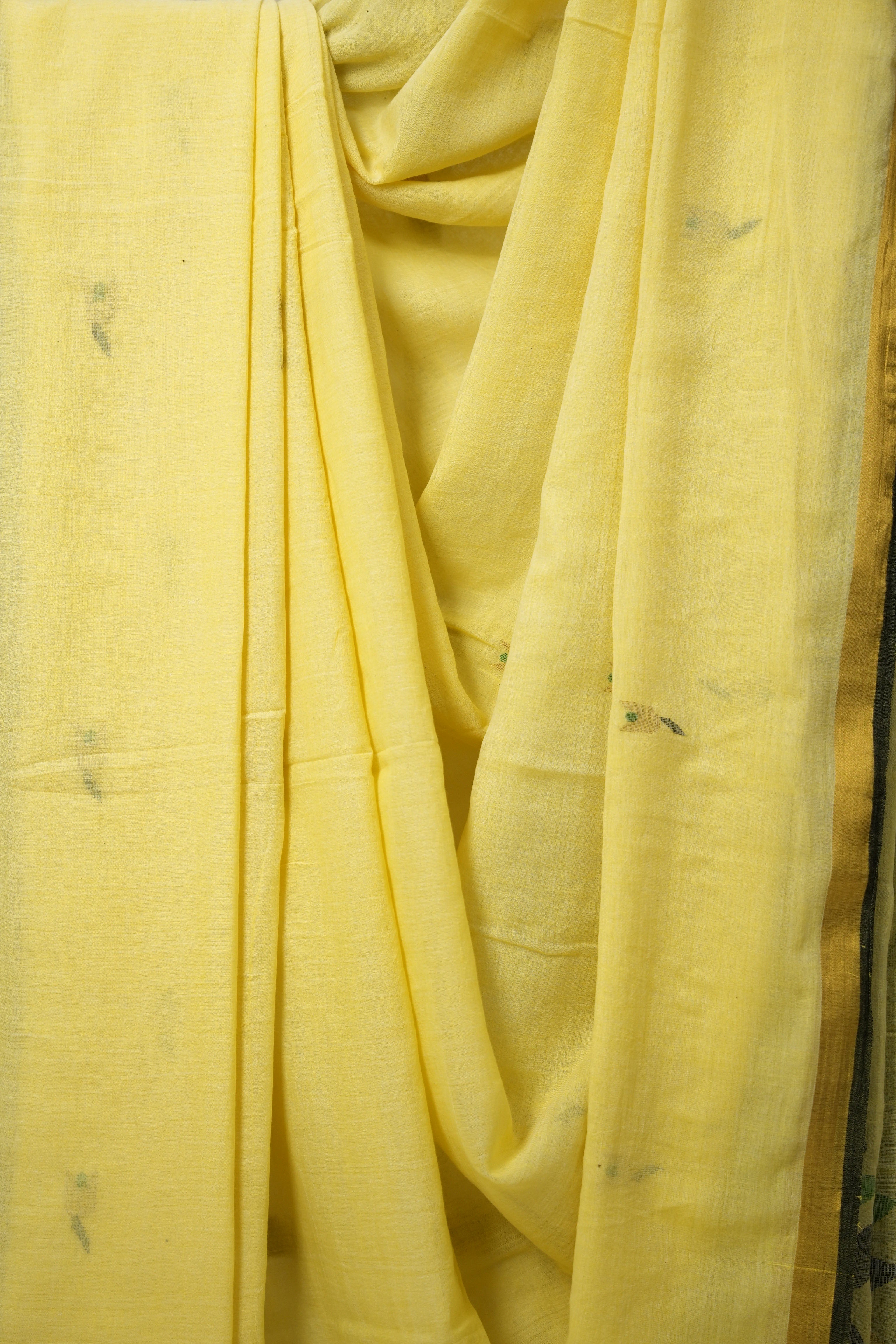 Lime Yellow Mul Cotton Jamdani Saree-SRLYMCJS169