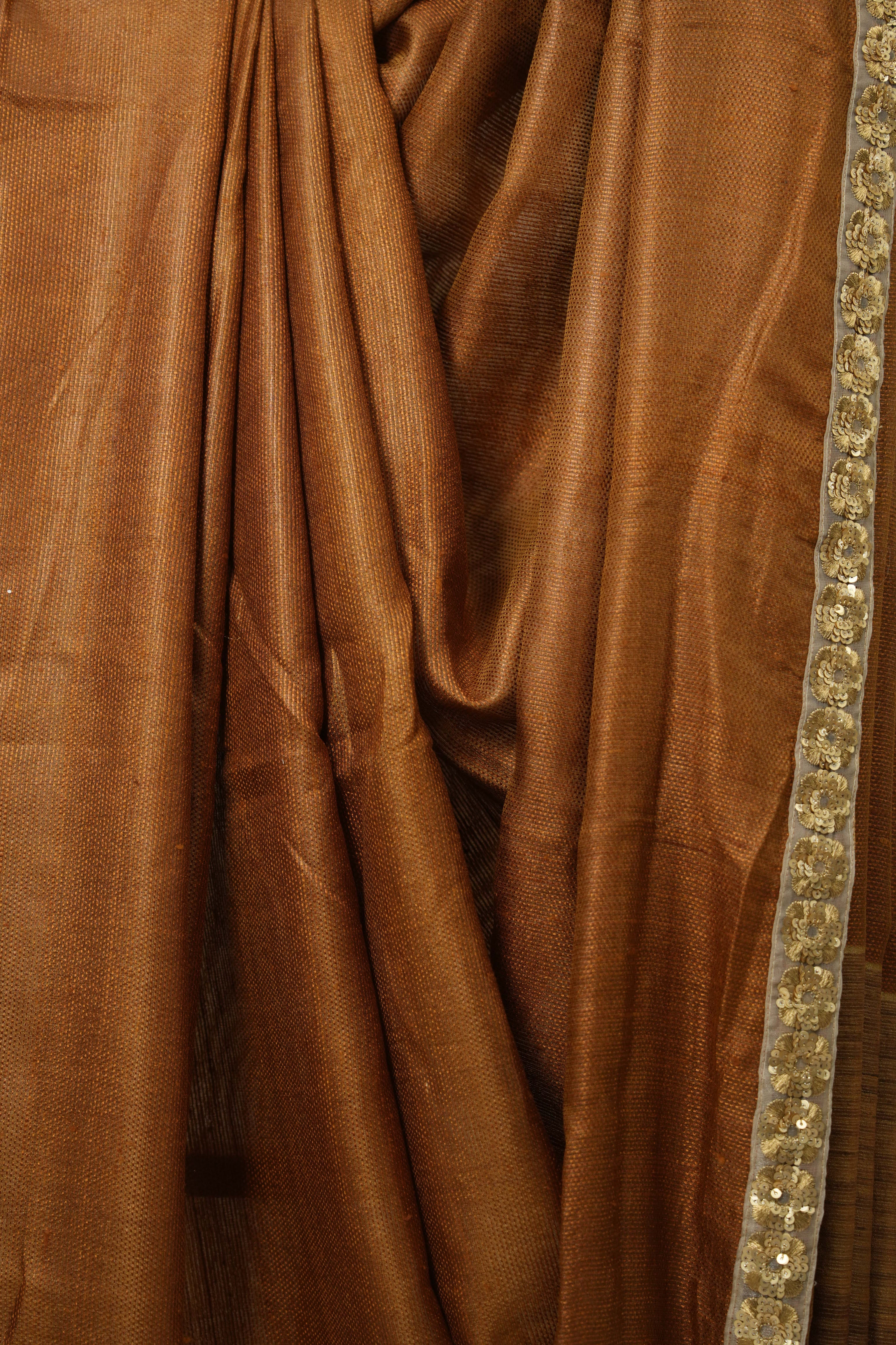Brown Tussar Silk Saree With Lace - SRBTSSWL04