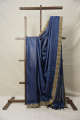 Metallic Blue Tussar Silk Saree With Lace - SRMBTSSWL03