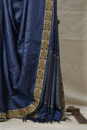 Metallic Blue Tussar Silk Saree With Lace - SRMBTSSWL03