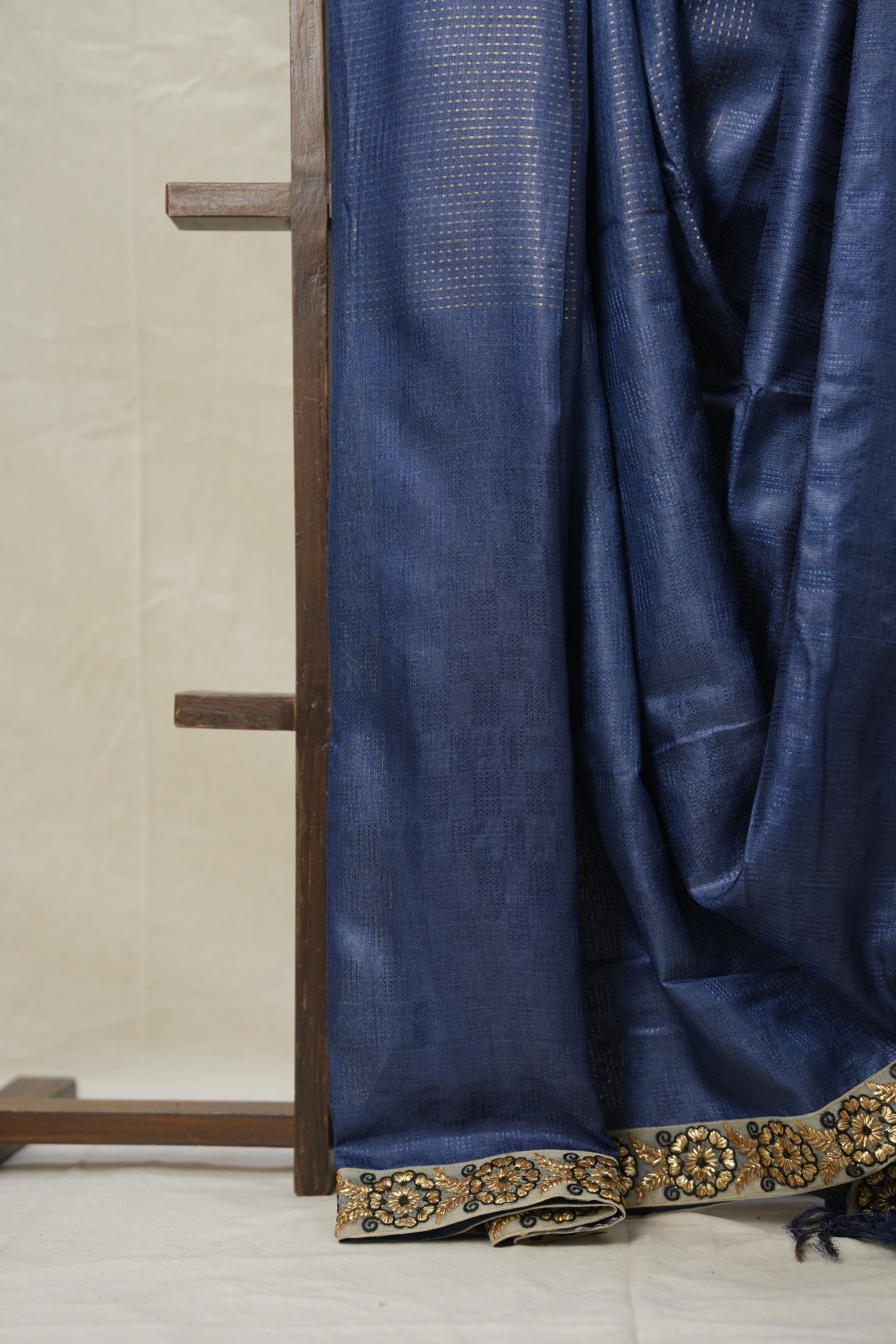 Metallic Blue Tussar Silk Saree With Lace - SRMBTSSWL03