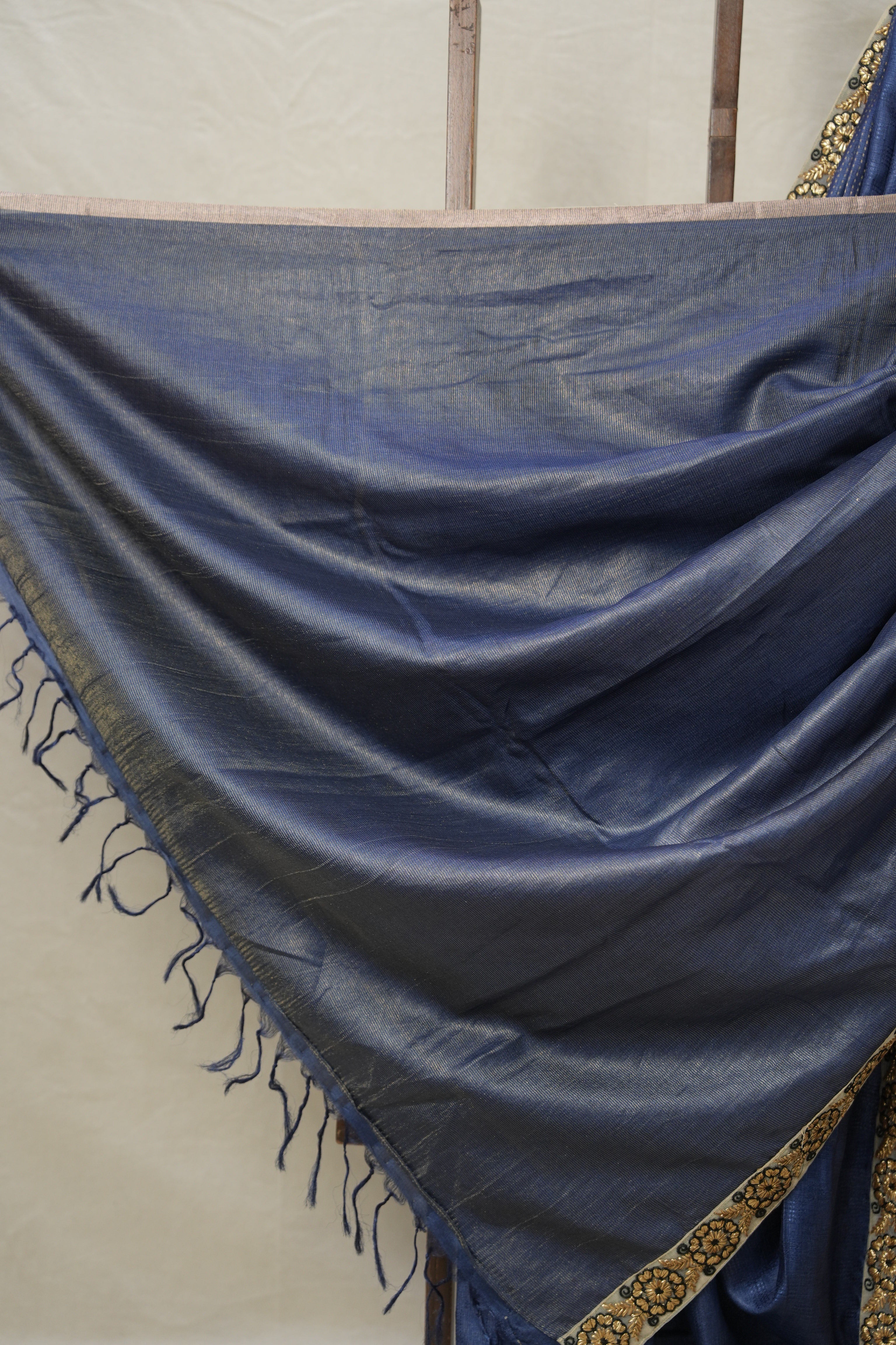 Metallic Blue Tussar Silk Saree With Lace - SRMBTSSWL03