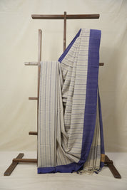 Cream Blue Bengal Cotton Saree - SRCBBCS100
