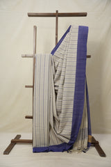Cream Blue Bengal Cotton Saree - SRCBBCS100