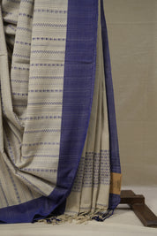 Cream Blue Bengal Cotton Saree - SRCBBCS100