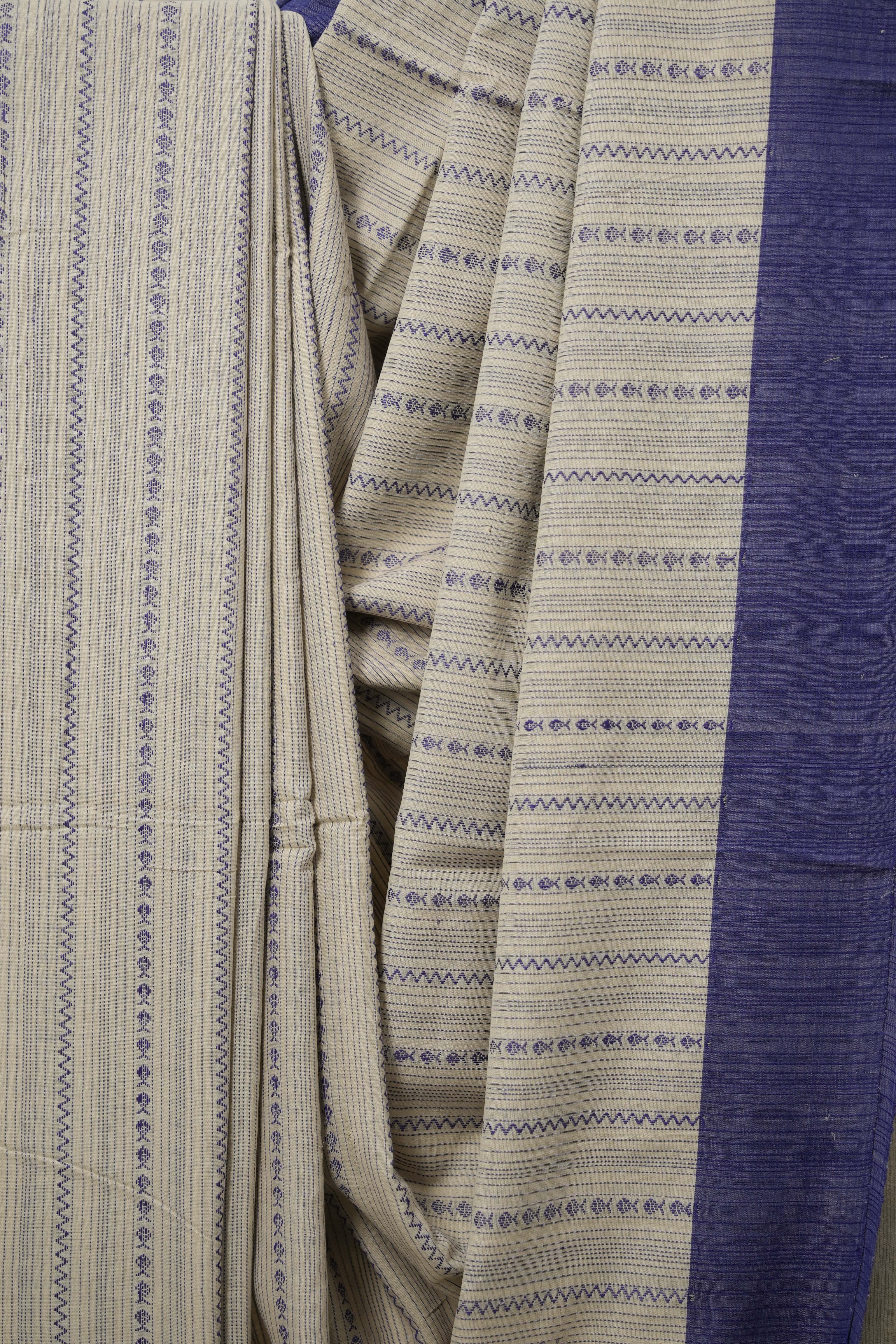 Cream Blue Bengal Cotton Saree - SRCBBCS100