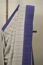 Cream Blue Bengal Cotton Saree - SRCBBCS100