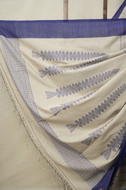 Cream Blue Bengal Cotton Saree - SRCBBCS100