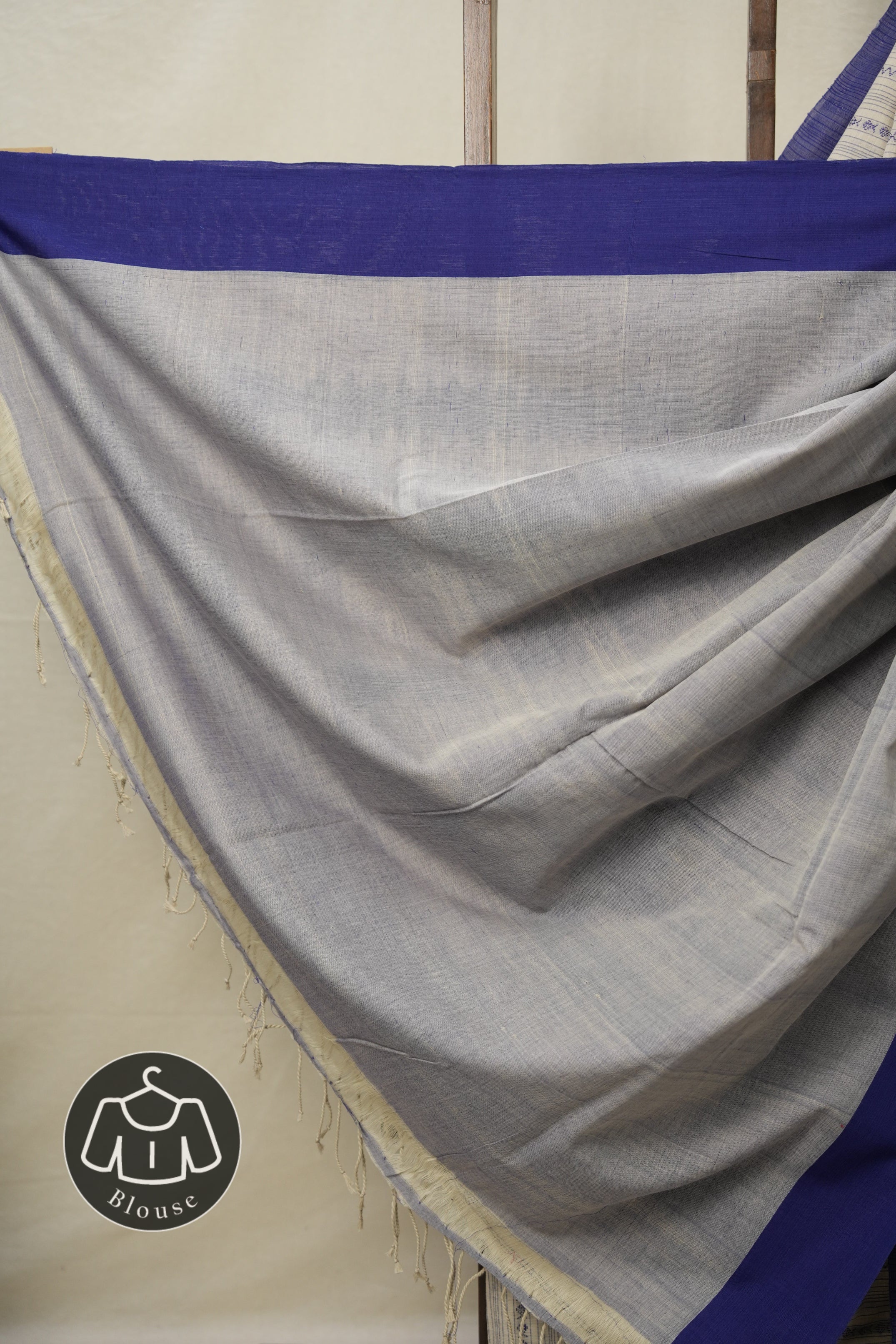 Cream Blue Bengal Cotton Saree - SRCBBCS100