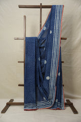 Indigo HBP Cotton Saree With Lace - SRIHBPCSWL15
