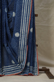 Indigo HBP Cotton Saree With Lace - SRIHBPCSWL15