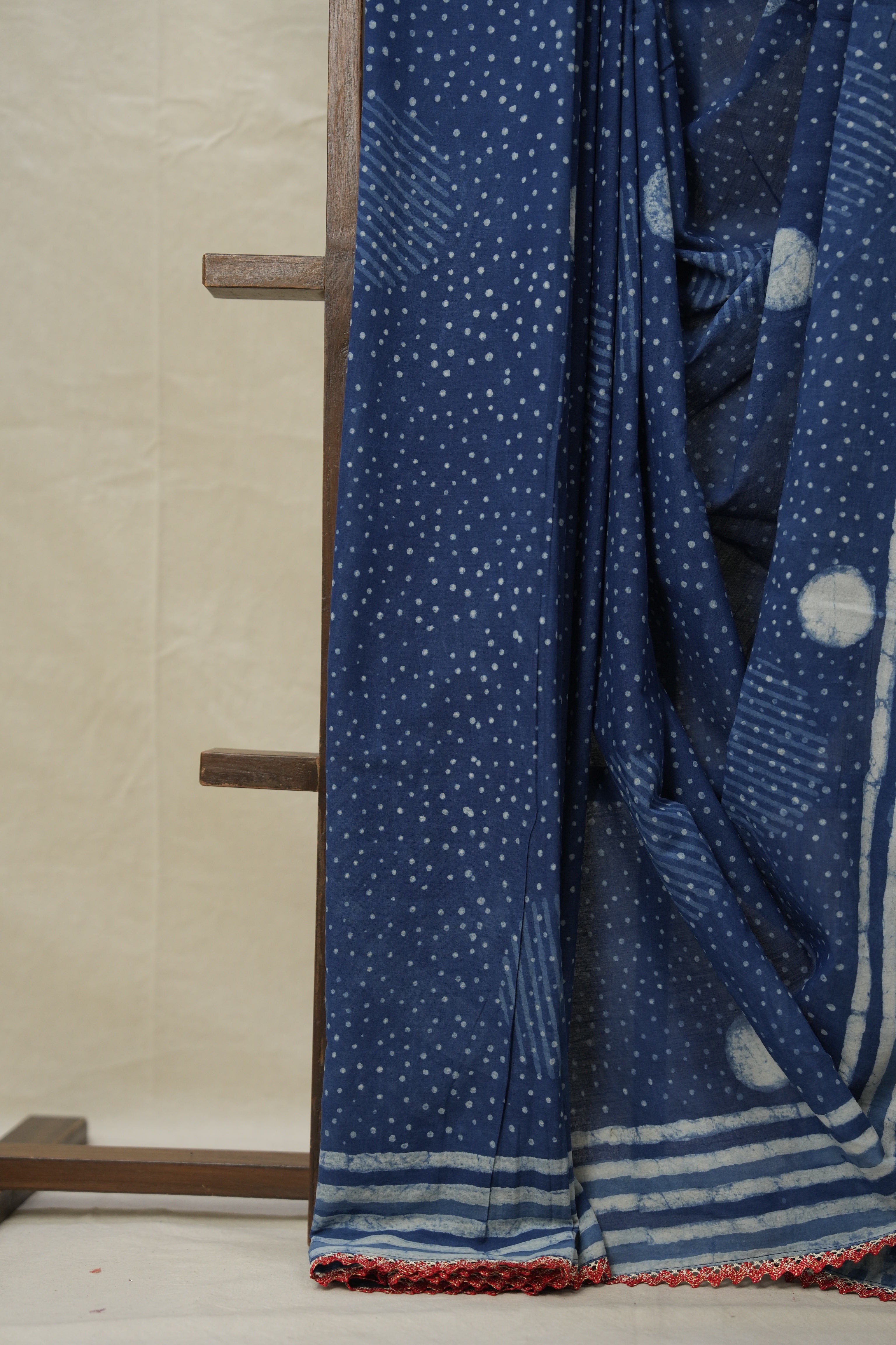 Indigo HBP Cotton Saree With Lace - SRIHBPCSWL15