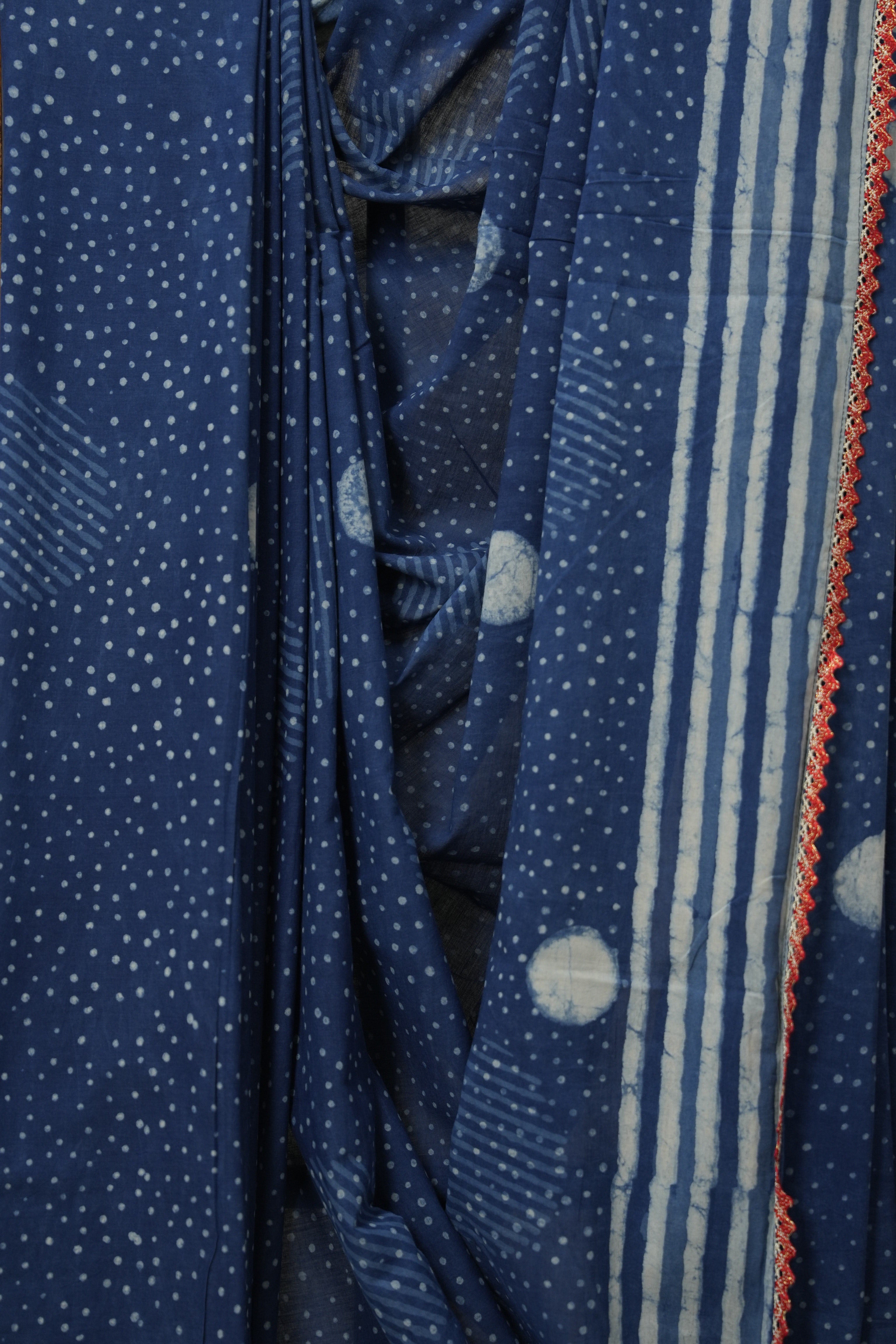 Indigo HBP Cotton Saree With Lace - SRIHBPCSWL15