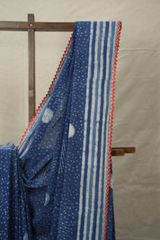 Indigo HBP Cotton Saree With Lace - SRIHBPCSWL15
