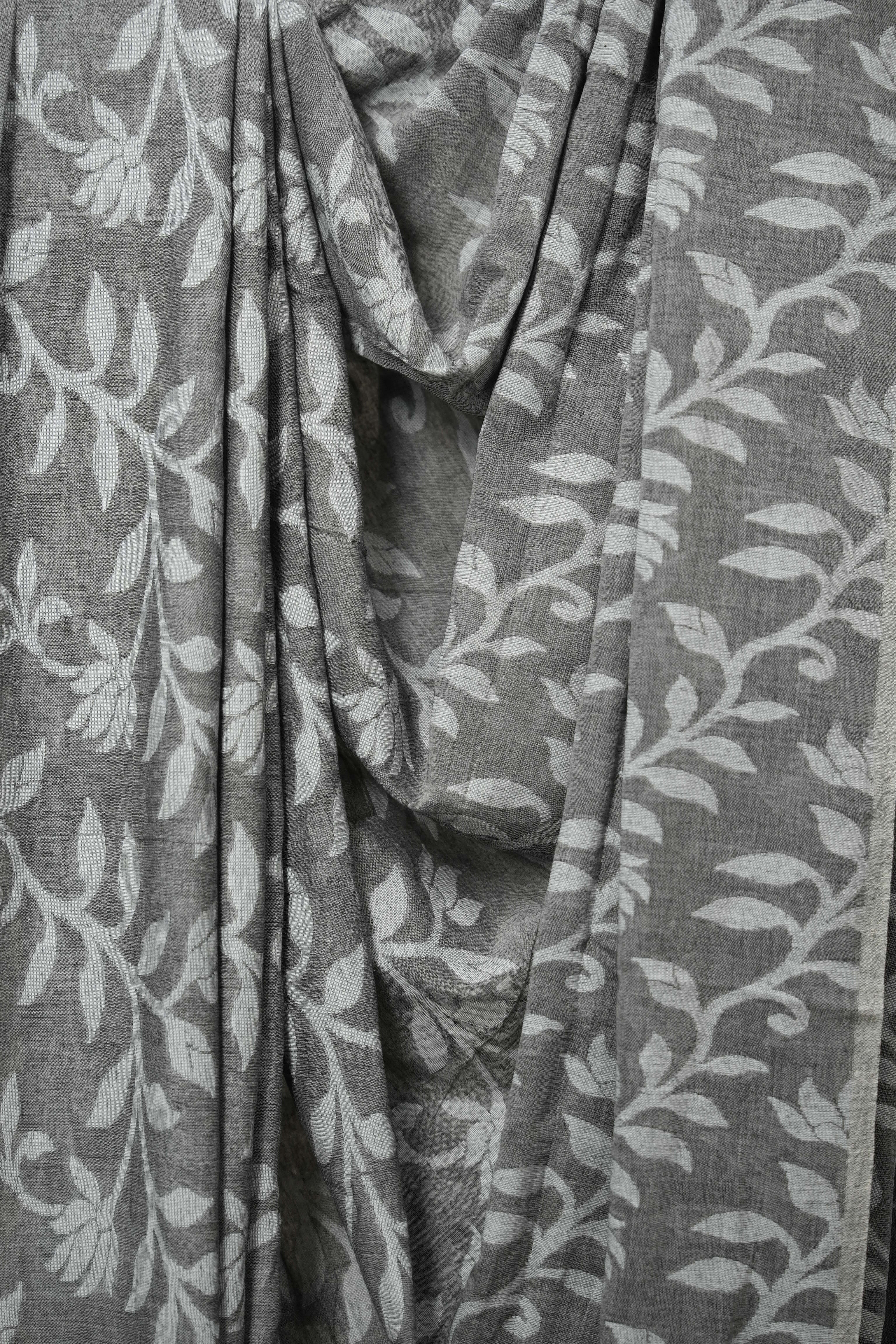 Dark Grey Cotton Jamdani Saree - SRDGCJS146