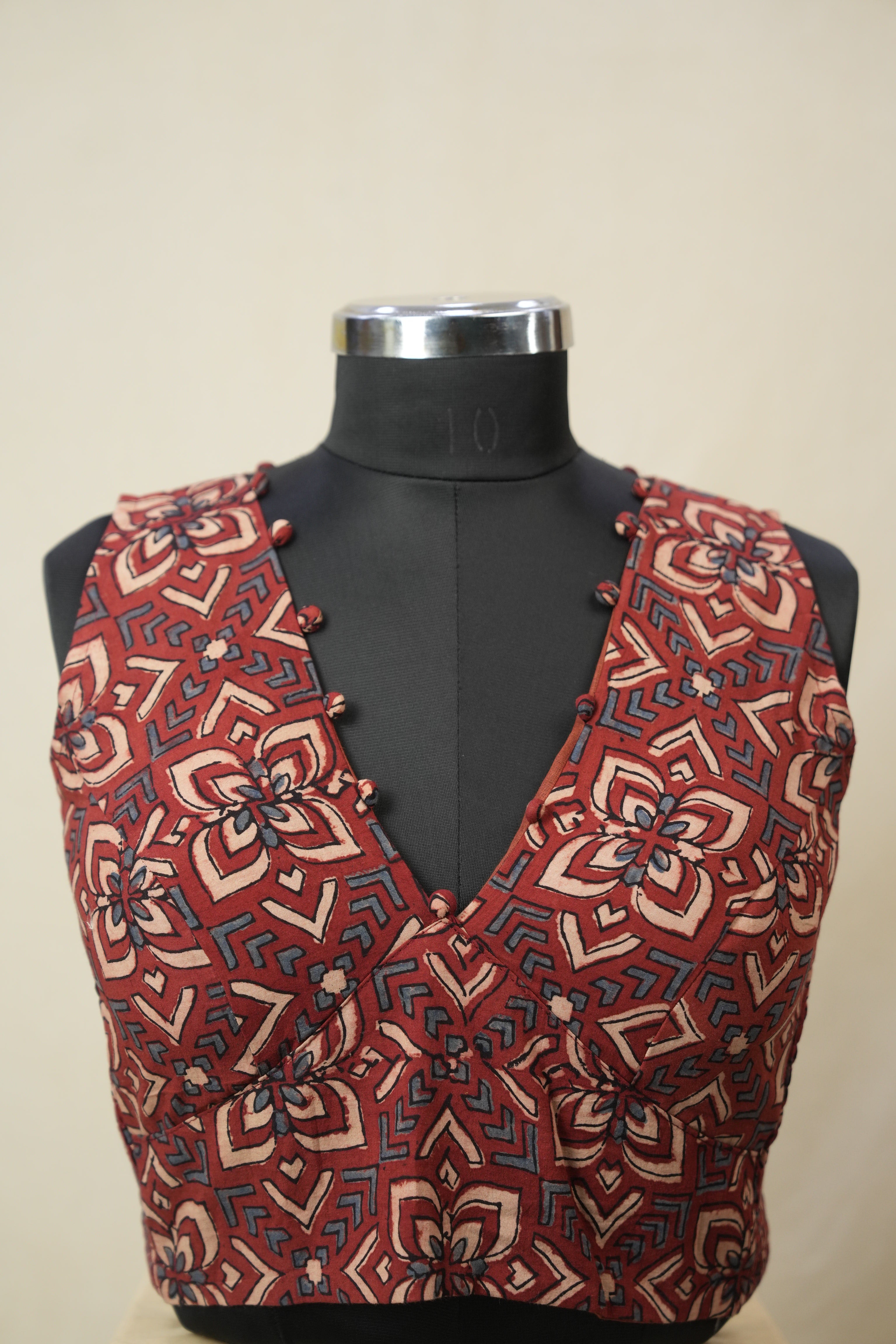 Maroon HBP V-Neck Ajrakh Cotton Blouse - SRMACB66