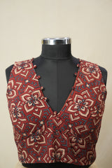 Maroon HBP V-Neck Ajrakh Cotton Blouse - SRMACB66