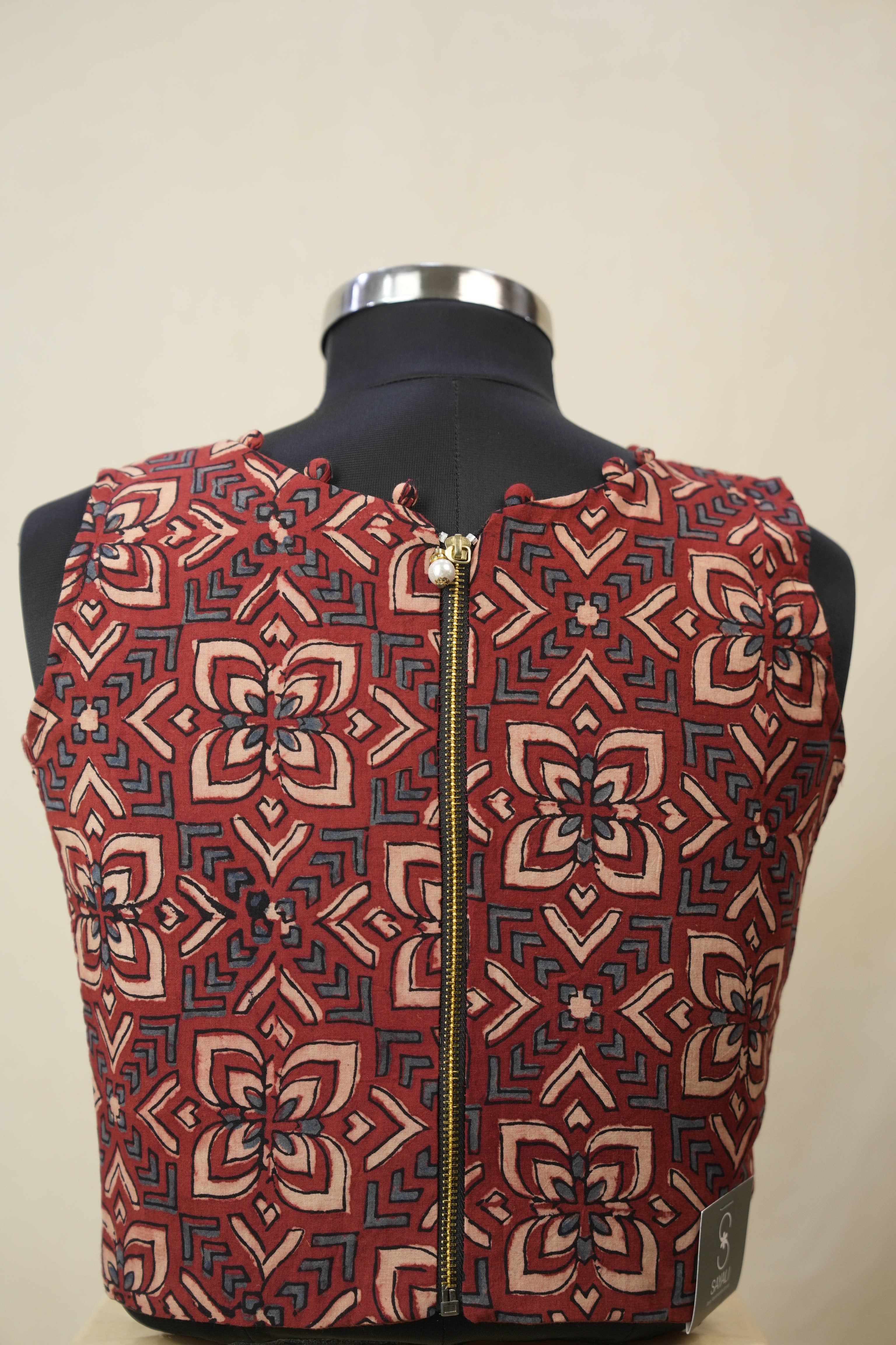 Maroon HBP V-Neck Ajrakh Cotton Blouse - SRMACB66