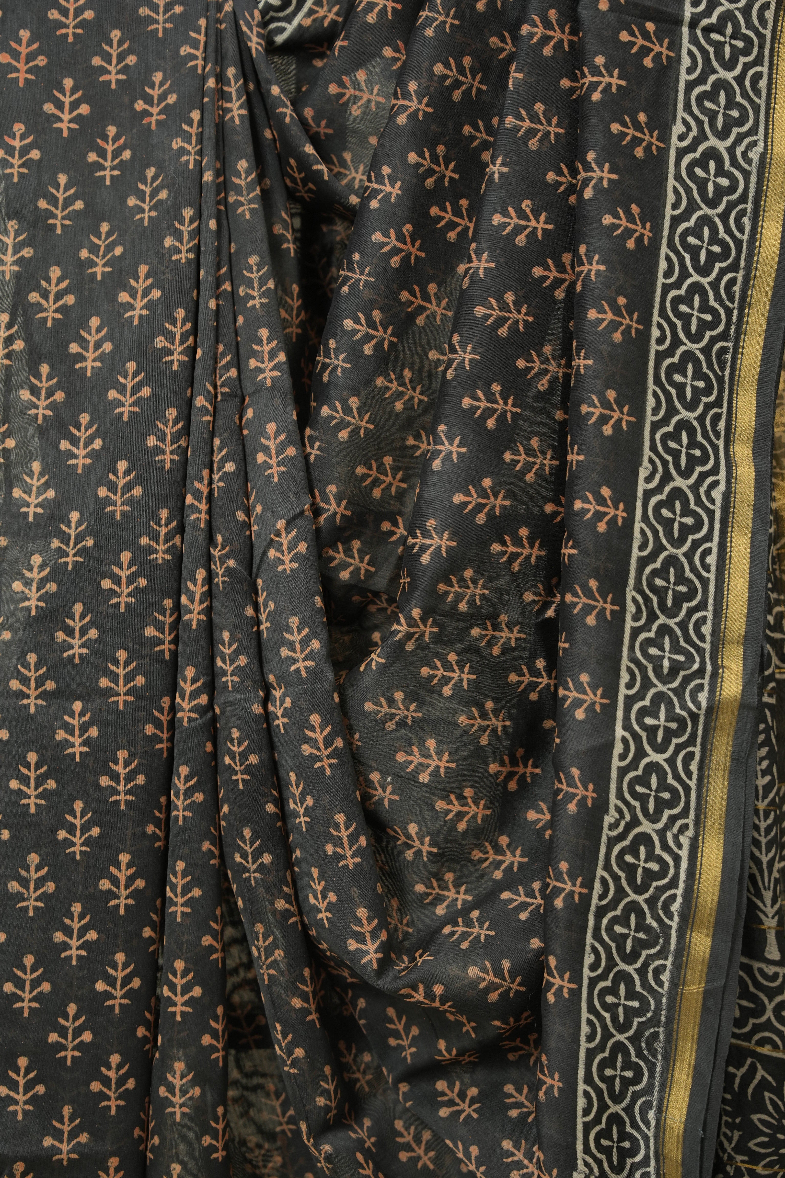 Black Grey HBP Cotton Silk Saree With Chanderi Border - SRBGCSS1551