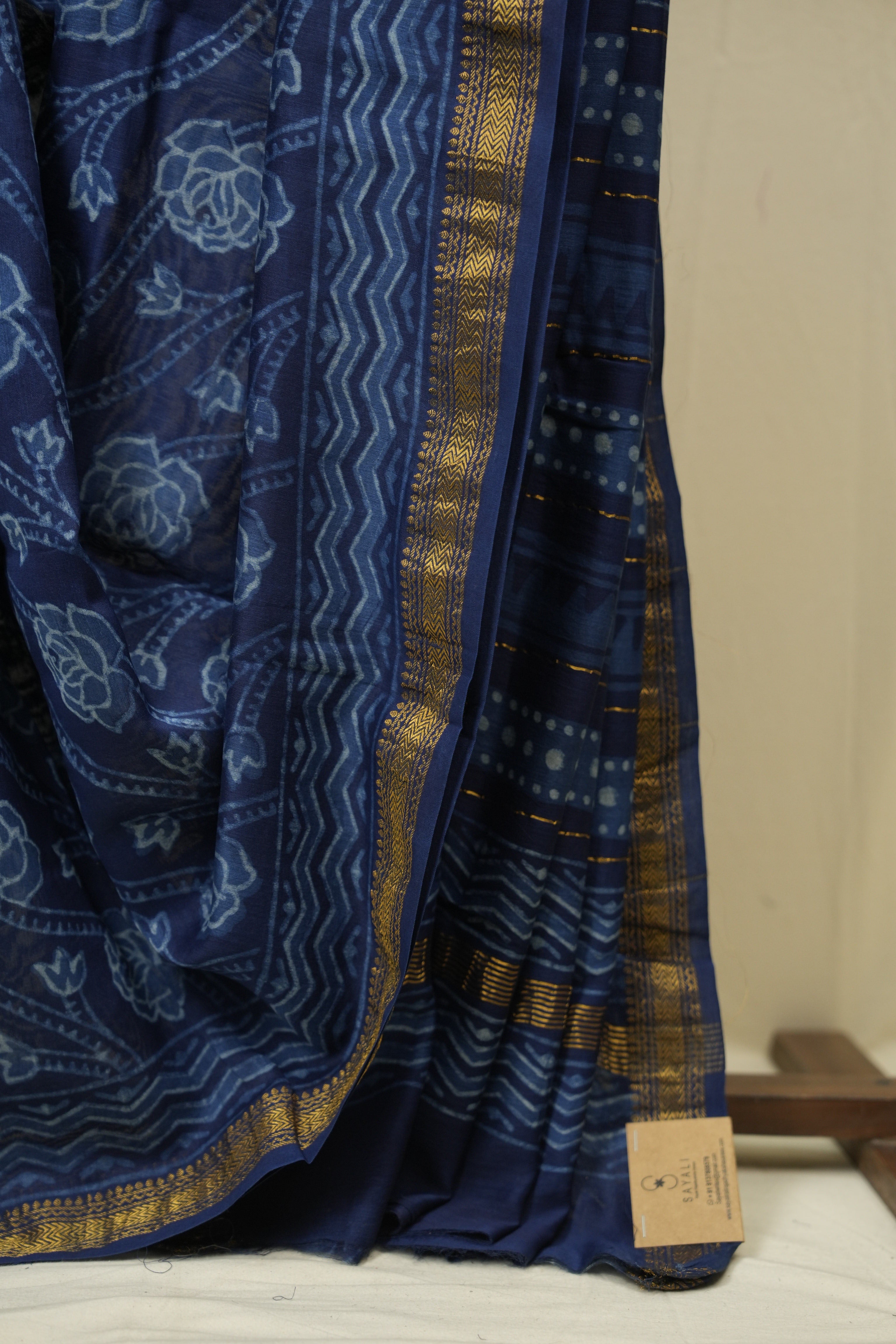 Navy Blue HBP Cotton Silk Saree With Maheshwari Border - SRNBCSS1700