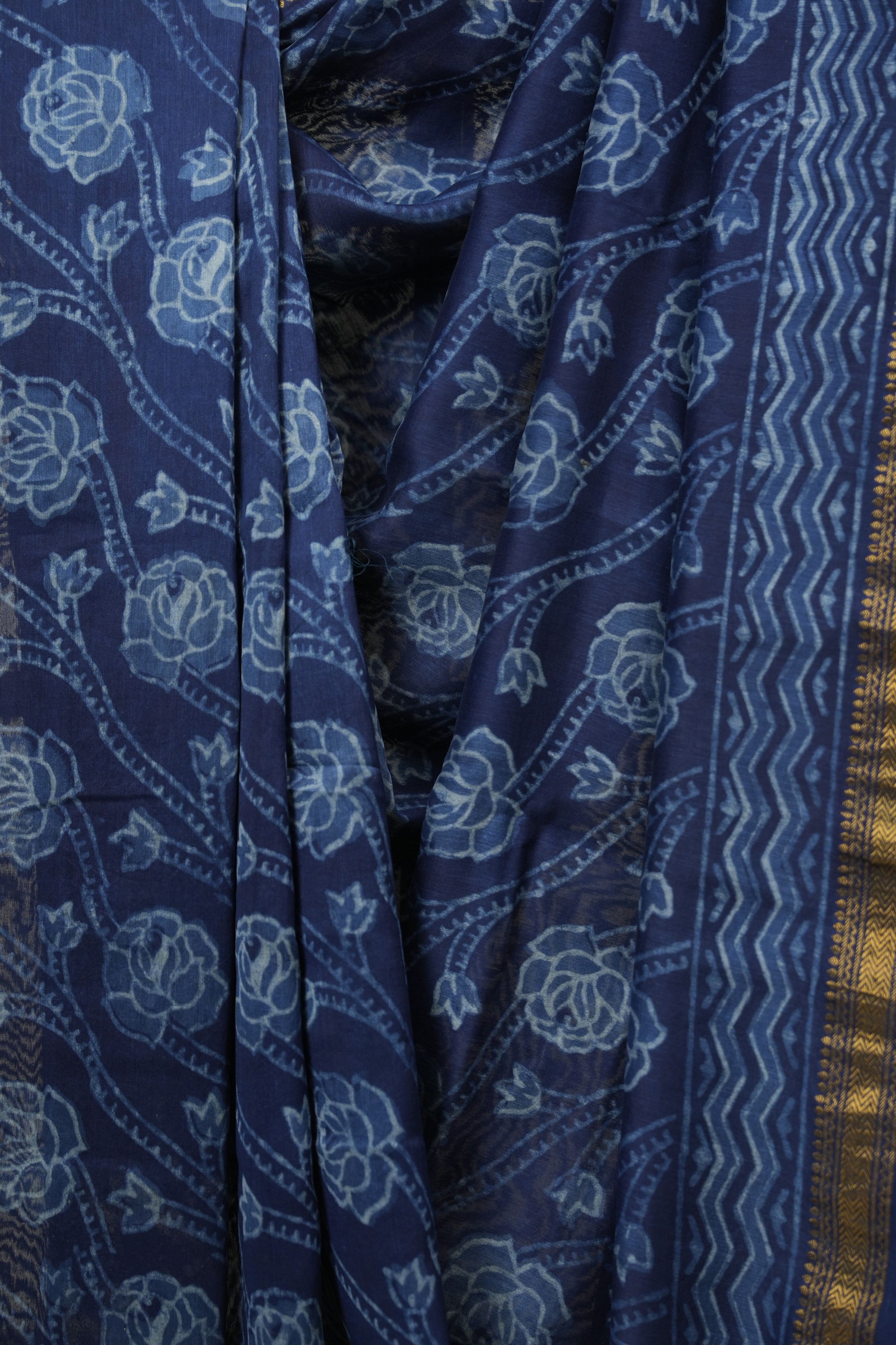 Navy Blue HBP Cotton Silk Saree With Maheshwari Border - SRNBCSS1700